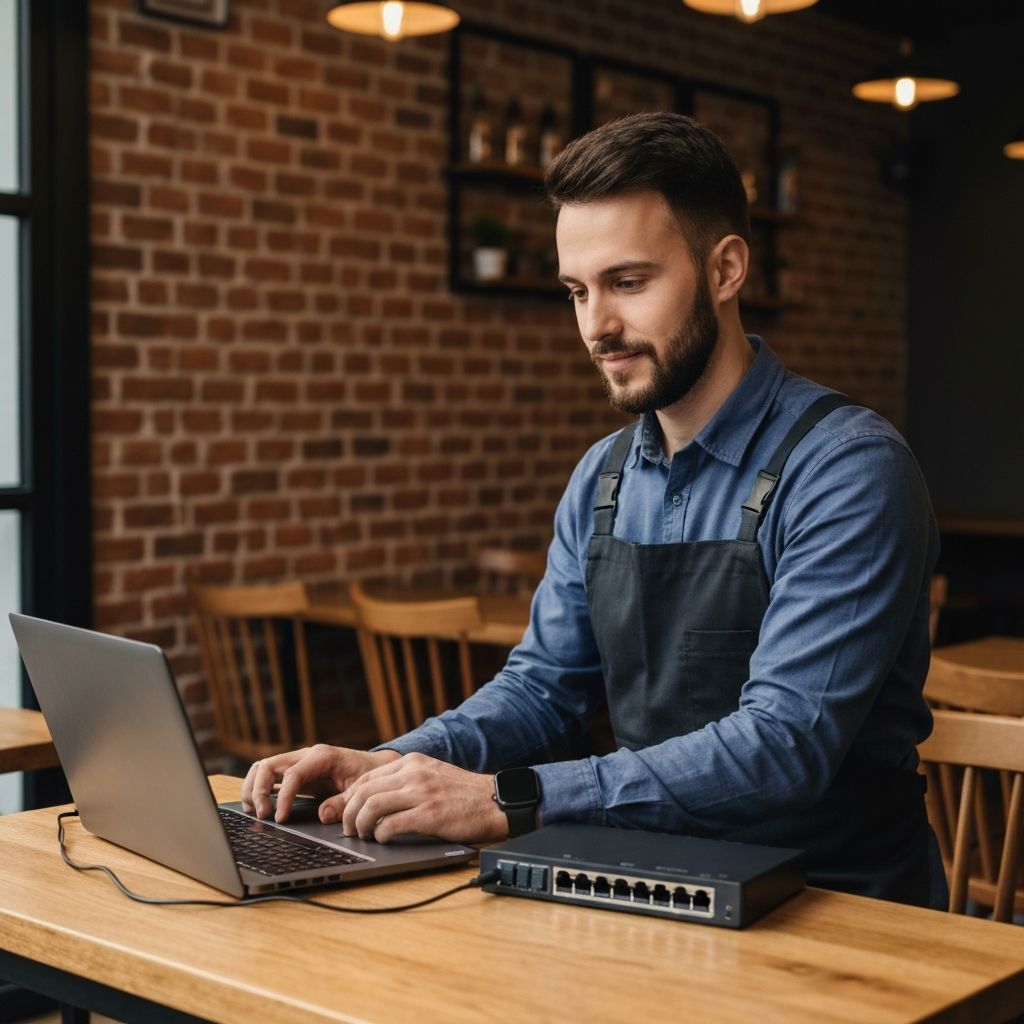 POS technician setting up Clover system at restaurant